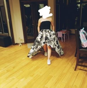 High low black, and white flower homecoming dress